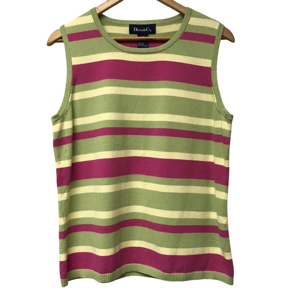Denim and Co Sweater Womens Sleeveless Medium Green Pink Yellow Striped